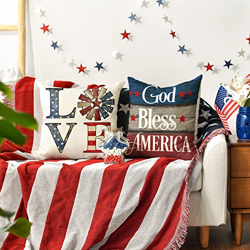 Patriotic Throw Pillow Covers 18x18 Set of 4, God Bless America Sofa Decor