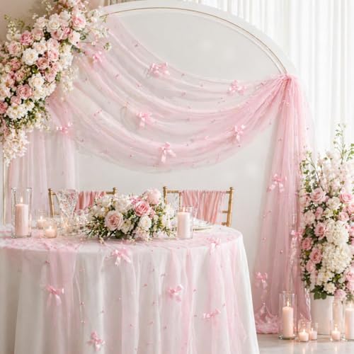 Pink Gauze Pearl Table Runner with Bow - 30x120 Inch for Weddings & Parties