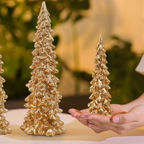 Golden Resin Christmas Tree Tabletop Decorations Set of 2 - 9.5 Inches
