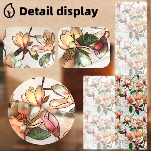 Magnolia Stained Glass Window Film - 17x39.4in Decorative Privacy Cling