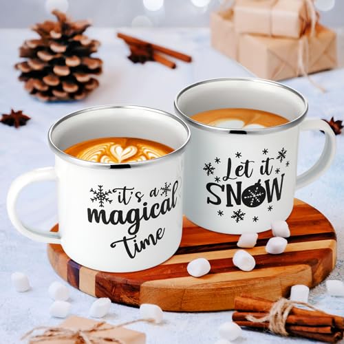 6 Pack Christmas Winter Enamel Coffee Mugs Set with Snowflake & Snowman Designs