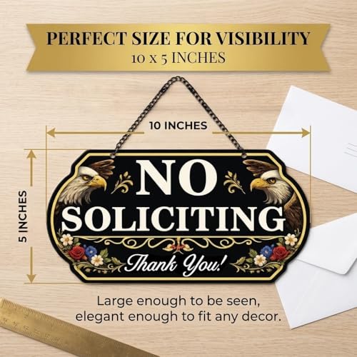 No Soliciting Sign - Decorative Aluminum Door Sign with Chain