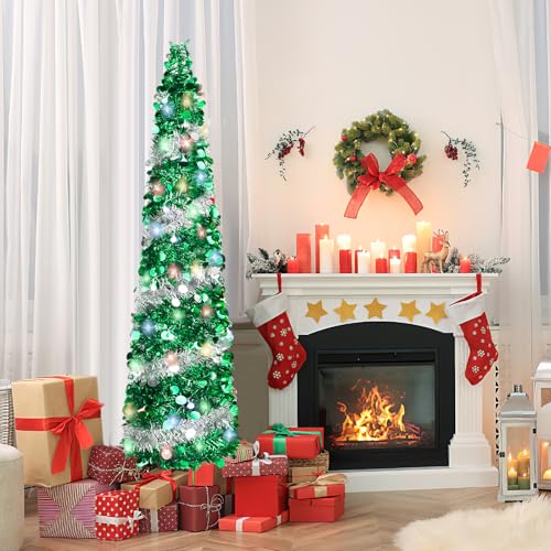 5FT Collapsible Pop Up Christmas Tree with 90 LED Lights - Green Silver