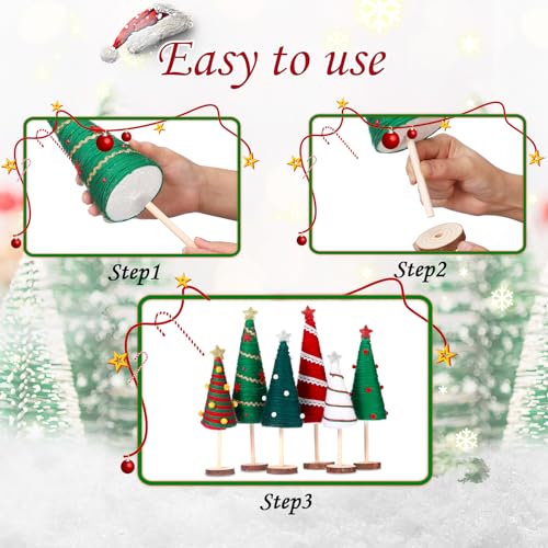 Mini Yarn Christmas Trees Set of 6 - Holiday Table Decorations with Stars