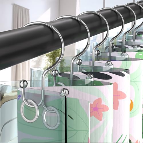 Rust Proof Silver Shower Curtain Hooks - 12 Pack, Anti-Drop Design