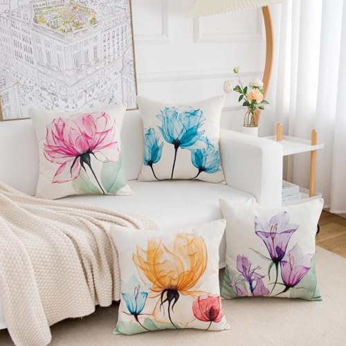 Floral Pillow Covers 18x18 - Set of 4 for Summer Outdoor Decor