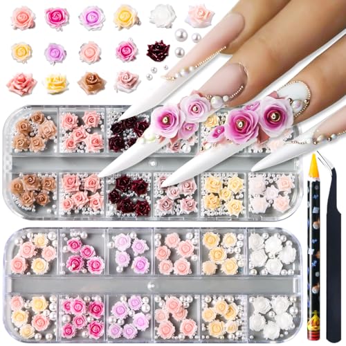 3D Flower Nail Charms with Pearls, Camellia Rose Floral Jewelry Set