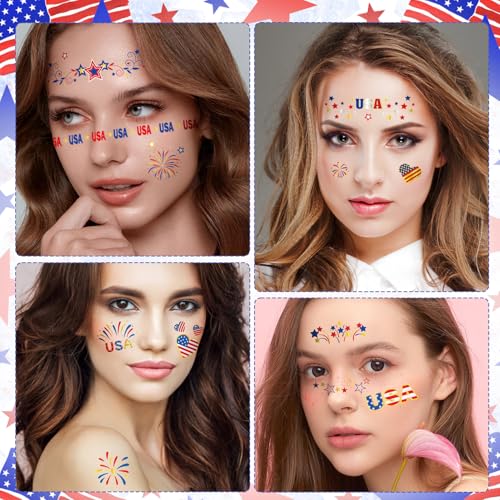 HOWAF 4th of July Patriotic Temporary Tattoos - Red White Blue Face & Body Decals