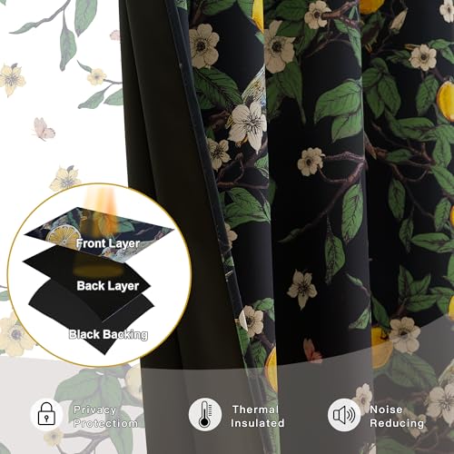 NICETOWN 100% Blackout Floral Curtains for Bedroom, W52 x L84 2 Panels, Hummingbird Lemon Botanical Print Design Thermal Insulated Privacy Drapes, Black Out Curtains for Living Room, Farmhouse