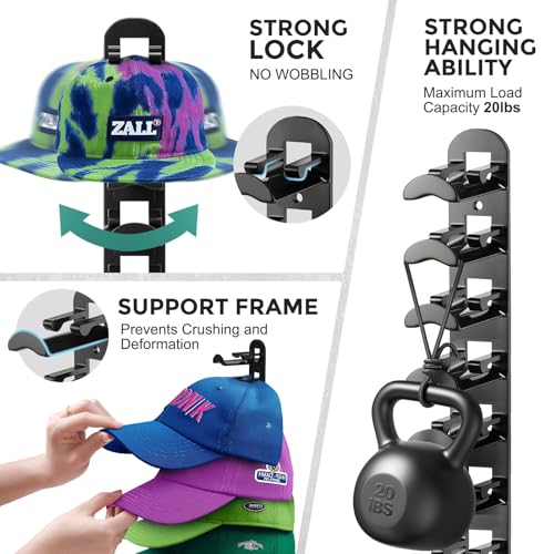 Hatisan Hat Organizer for Wall - 2 Pack Black Baseball Cap Rack Holds 20 Hats
