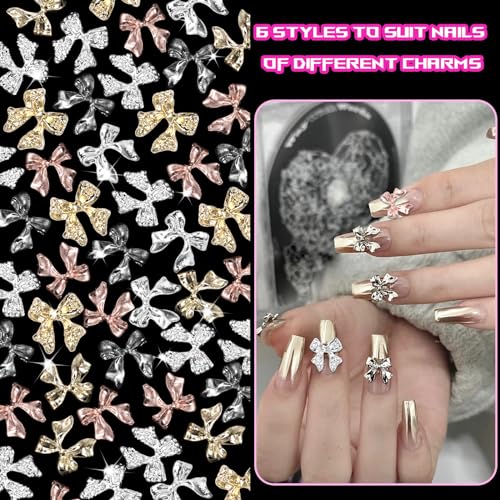 Uotey 60 Pcs Metal Bow Nail Charms - 3D Alloy Bowknot Gems for Acrylic Nail Art