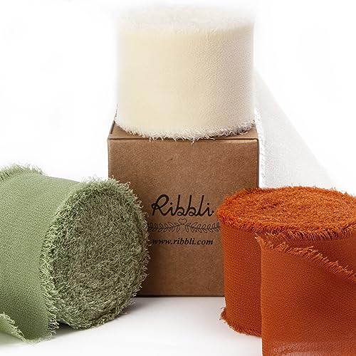 Handmade Silk Fringe Ribbon for Wedding & Crafting - Ivory/Dusty Sage/Terracotta, 1.5 Inch x 30 Yards