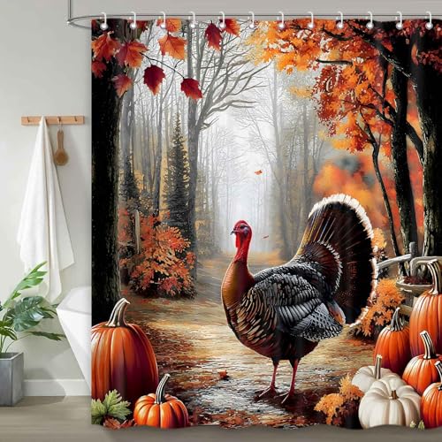 Thanksgiving Turkey Shower Curtain - 71 x 71 Inch Red Fabric Set
