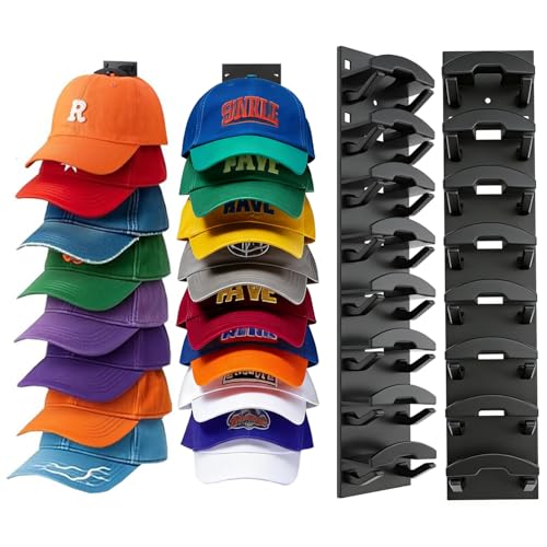 Black Hat Organizer - 2 Pack Wall Rack for Baseball Caps, Holds 16 Hats