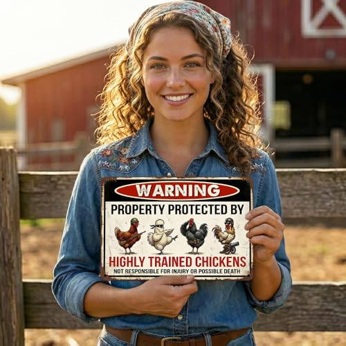 Funny Chicken Coop Decor - Highly Trained Chickens Tin Sign 8x12