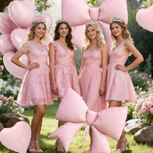 Pink Heart and Bow Balloons Set - 18 in for Baby Showers & Birthdays