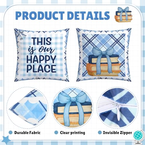 Tranqun Back to School Pillow Covers - 2 Pack 18x18 Inch Blue Gingham