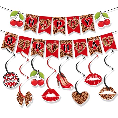 Cheetah & Cherry Birthday Decorations Set - Pre-Strung Banner & Swirls