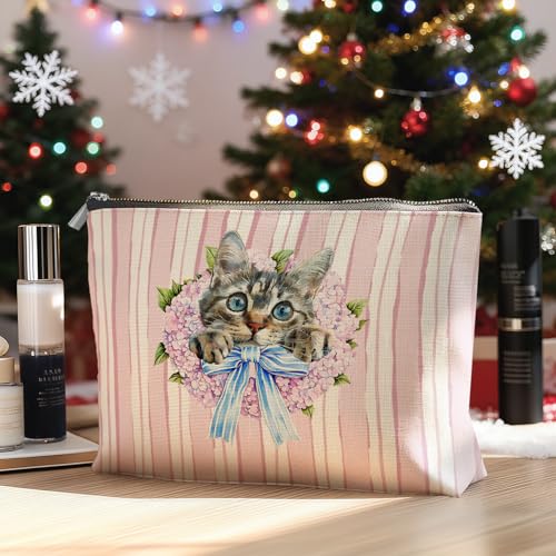 Coquette Blue Bow Cat Makeup Bag Linen Cosmetic Pouch for Women