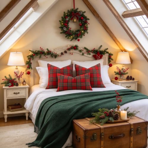 Christmas Plaid Throw Pillow Covers Set of 2 - Red & Green 22x22 Inches