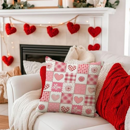 Pink Plaid Heart Valentine Pillow Cover 18x18 | RABUSOFA