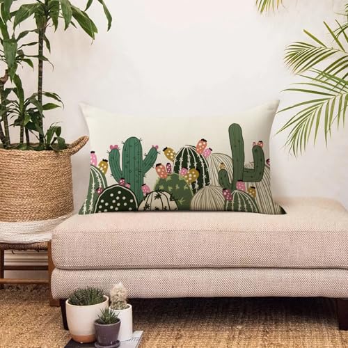 Boho Cactus Lumbar Throw Pillow Cover 12x20 | Cotton Linen