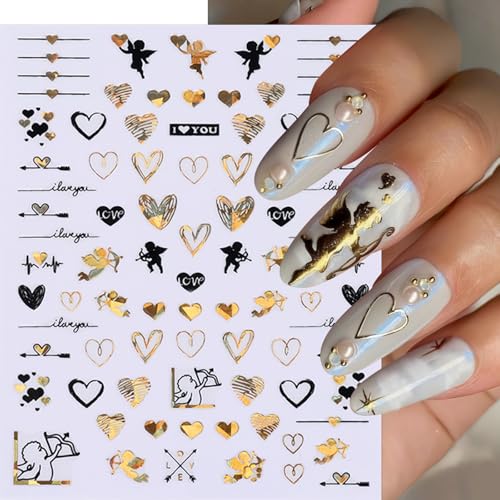 Valentine Heart Nail Art Stickers - 6 Sheets Black Gold 3D Decals