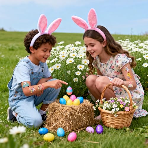 DounakeEvth Easter Temporary Tattoos for Kids - 10 Sheets Waterproof Bunny & Egg Stickers