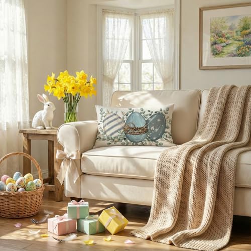 Easter Throw Pillow Cover 12x20 - Blue Eggs Eucalyptus Farmhouse Decor