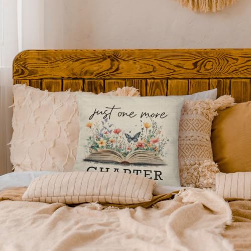 Just One More Chapter Pillow Cover, 18x18 Bookish Floral Throw Case