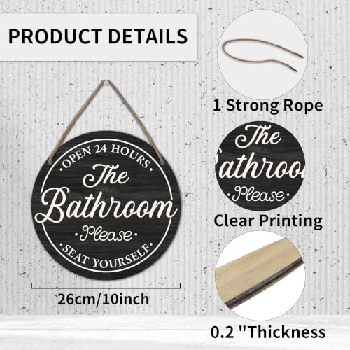 Rustic Round Wooden Bathroom Sign - Open 24 Hours, Black