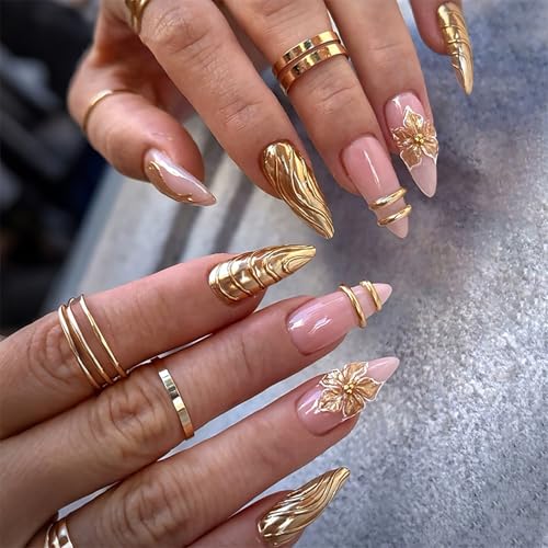 Gold Flower Press on Nails Medium Almond Fake Nails 3D Gold Lines