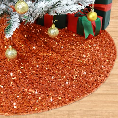 21 Inches Mini Christmas Tree Skirt - Orange Sequin Velvet for 4ft Xmas Tree