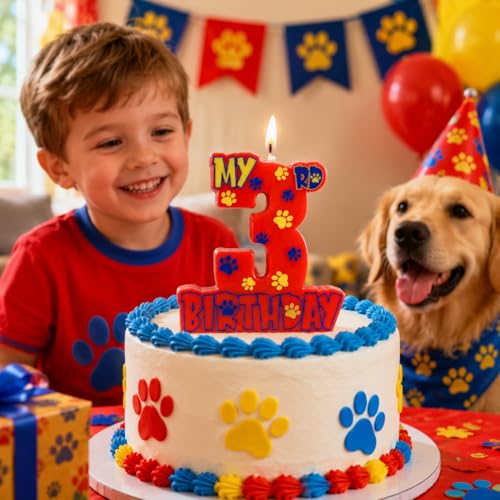 Number 3 Birthday Candle, Red Paw Print Cake Topper for Puppy Themed Party