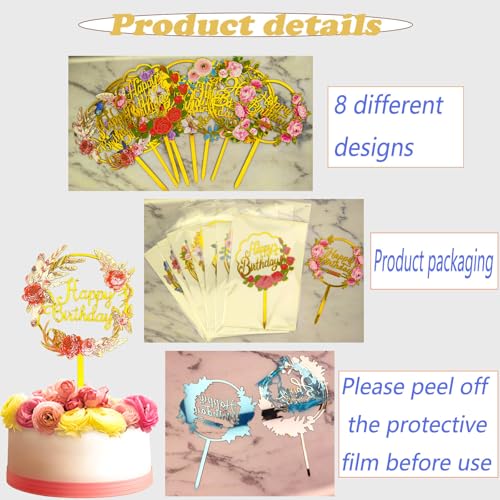 8-Piece Acrylic Flower Happy Birthday Cake Toppers Set
