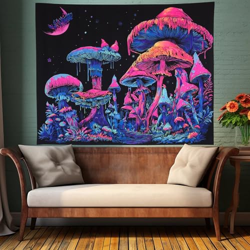 UV Reactive Blacklight Mushroom Tapestry 47" x 35" - Glow in the Dark Forest Wall Hanging