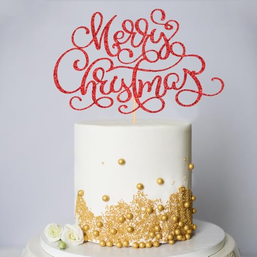Merry Christmas Cake Topper Red Glitter Holiday Party Decoration