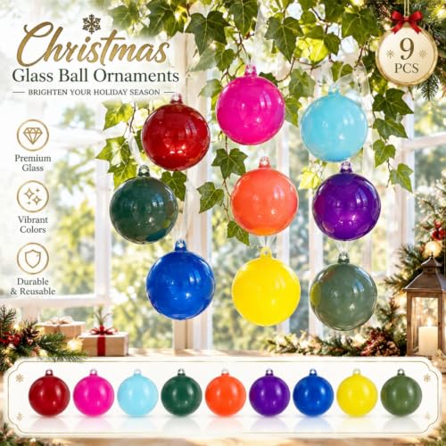 FoldTier 9pcs 3-Inch Colorful Glass Christmas Ornaments - Warm Color Variation