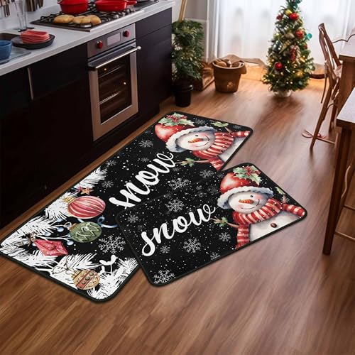 Black Snowman Snowflake Christmas Kitchen Rugs Set of 2 - 17x47 and 17x30 Inches, Non-Slip Holiday Floor Mats for Home & Kitchen, Variation: Black / 1'5" x 3'11"