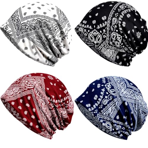 4 Pieces Soft Cotton Beanie Turban for Women, Chemo Head Scarf Hats, Elastic Hair Wraps, Cancer Headwear Covers