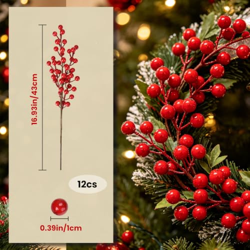 Artificial Red Berry Stems for Christmas Tree Decor - 16.9 Inches, 12 Pack