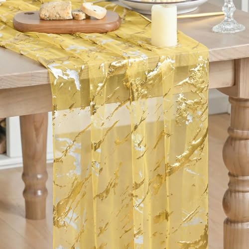 Marble Pattern Yellow Table Runner - 28x120 Inch for Dining & Events