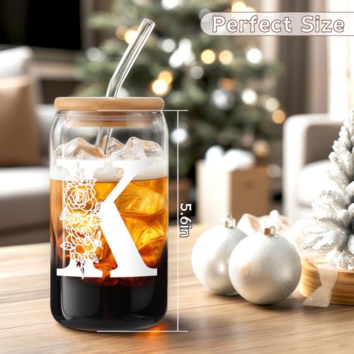 Personalized Initial Glass Cup with Lid & Straw - Ideal Gift for Women