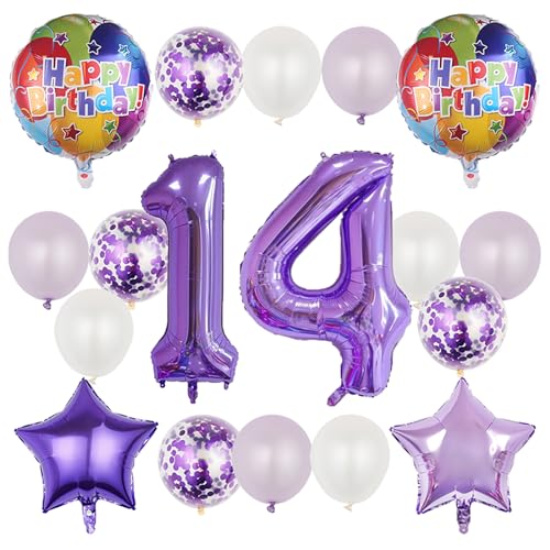 14th Birthday Decorations Set - 18 Pcs Purple Balloons & Foil