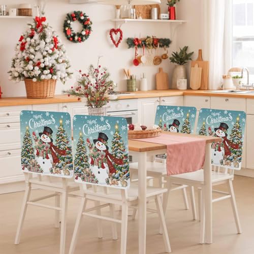 4 Pcs Teal Christmas Snowman Chair Back Covers - Winter Dining Decor