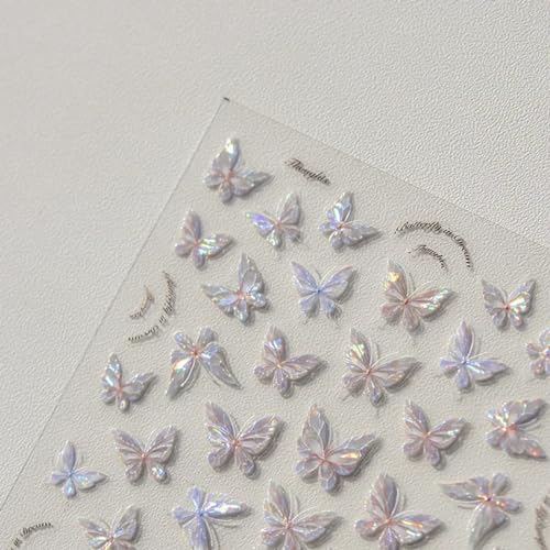 5D Embossed Aurora Butterfly Nail Art Stickers Pink Shell Decals