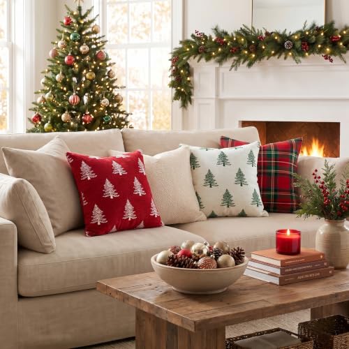 Beige & Green Chenille Christmas Pillow Covers 18x18 Inch Set of 2 - Festive Holiday Decor