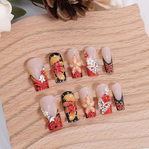 Flower French Tip Press on Nails Long Square 3D Floral Butterfly Fake Nails