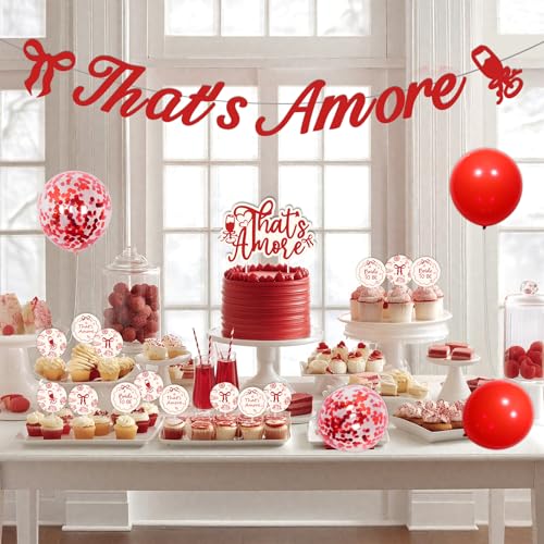 That's Amore Bridal Shower Decorations Set with Backdrop & Cupcake Toppers
