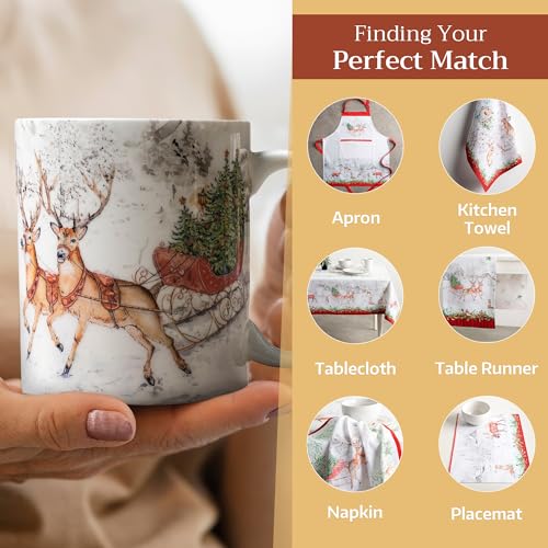 European Style Bone China Coffee Mug with Handles - 15 Ounce Christmas Reindeer Variation